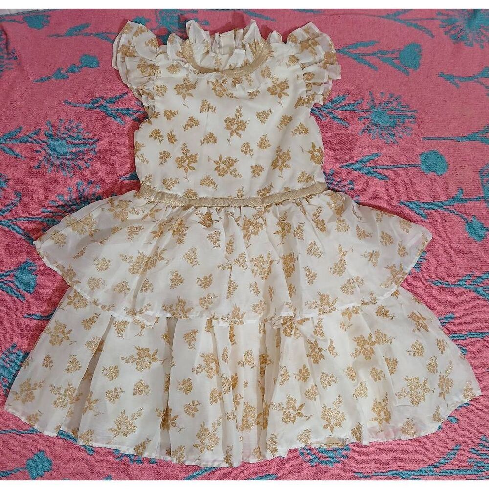 janie and jack gold dress girls size 8 cream tiered ruffle graduation church Scoop Neckline